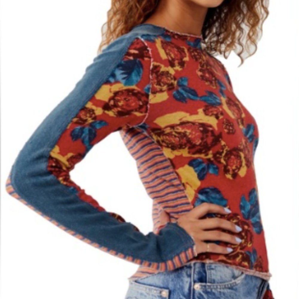 Free People Mash Up Floral/Stripe Long Sleeve Tee Red/Blue Multi XS NWT